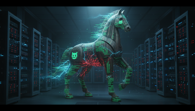 Digital Trojan horse made of code inside a server room, representing GitHub security threats