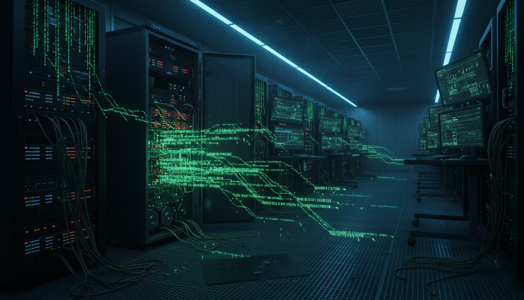 Abstract visualization of EU digital infrastructure breach showing fragmenting stars and exposed data streams