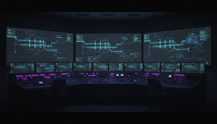 Power grid control room with monitors showing electrical infrastructure maps disrupted by cyber attack indicators
