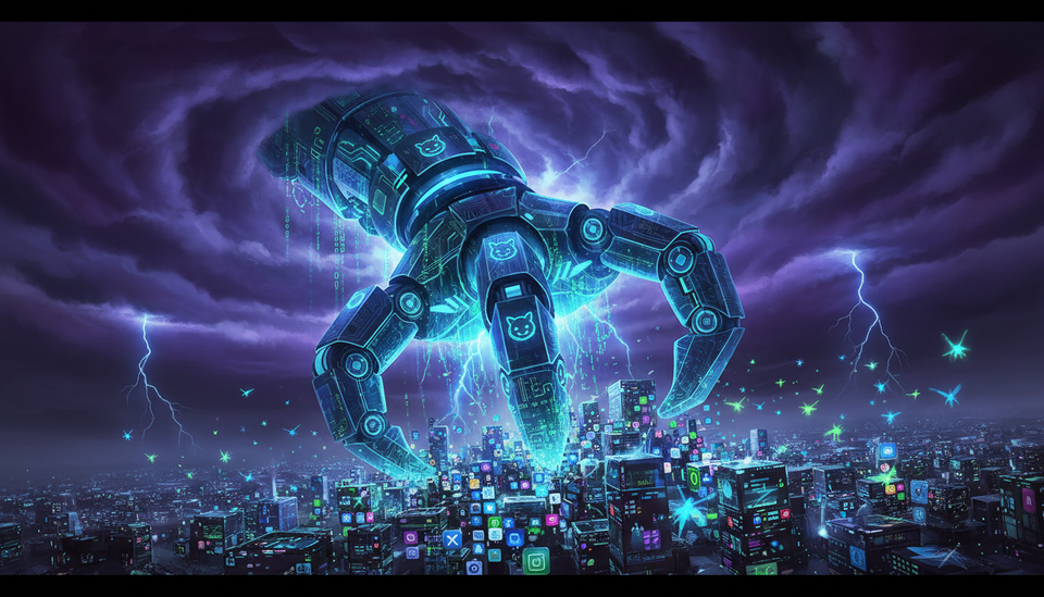 A mechanical claw made of code transforming app icons into AI agents against a stormy digital cityscape