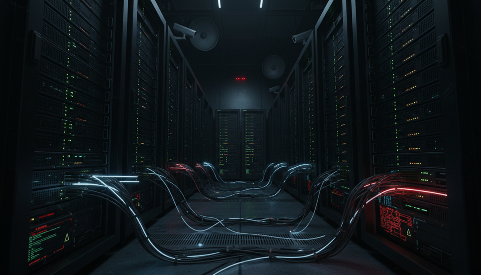 Visualization of compromised network infrastructure showing data flows being intercepted in a sophisticated cyber attack