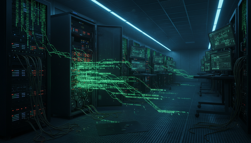 Abstract visualization of EU digital infrastructure breach showing fragmenting stars and exposed data streams